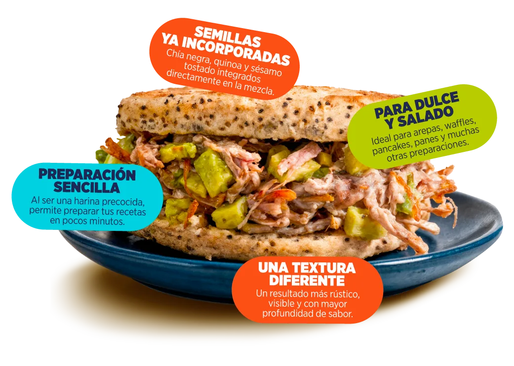 Arepa preparada con multisemillas y etiquetas de beneficios